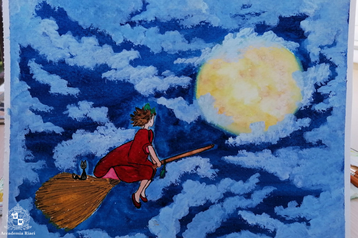 ジブリ映画をイタリア語で　月夜の空を飛ぶ魔女の絵