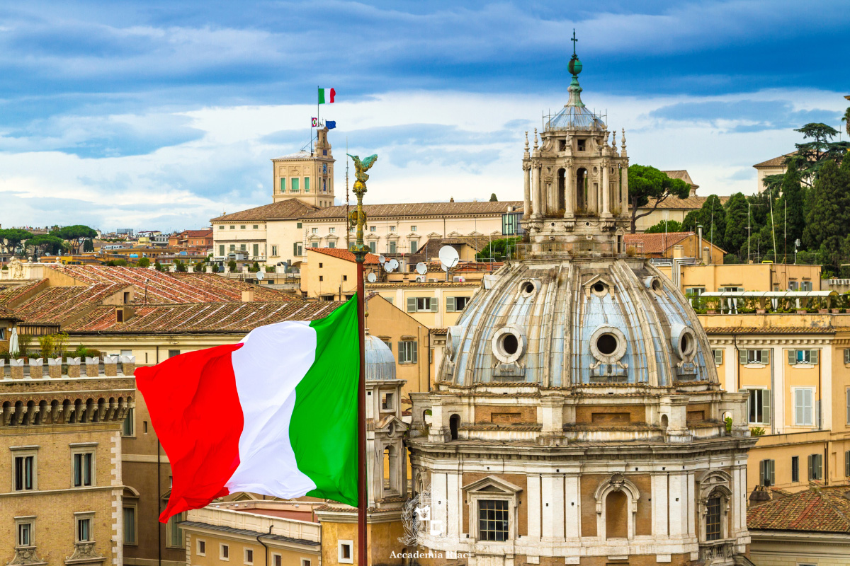 イタリア留学　イタリア国旗とローマの街並み