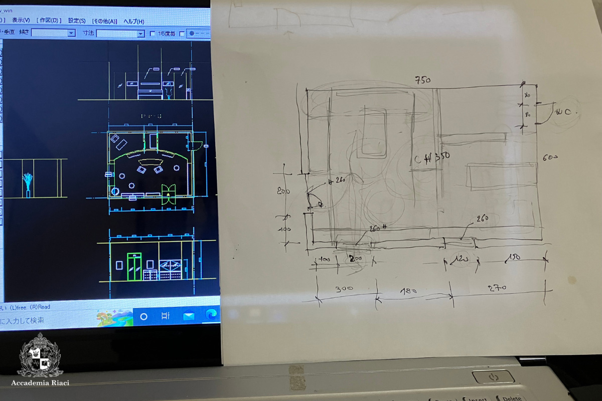 イタリア留学　インテリアデザイン留学　イタリア留学体験談　学生のショップの図面